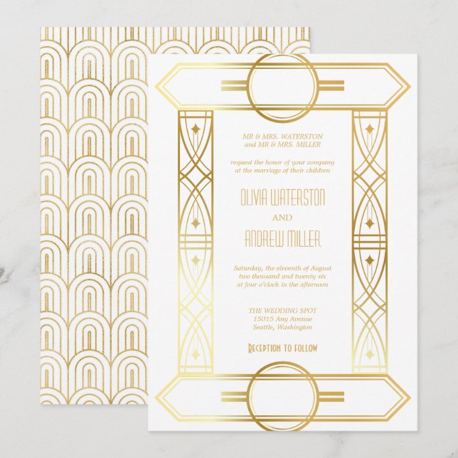 Mariage Art Déco | Invitations Or et Blanc (Devant / Derrière)