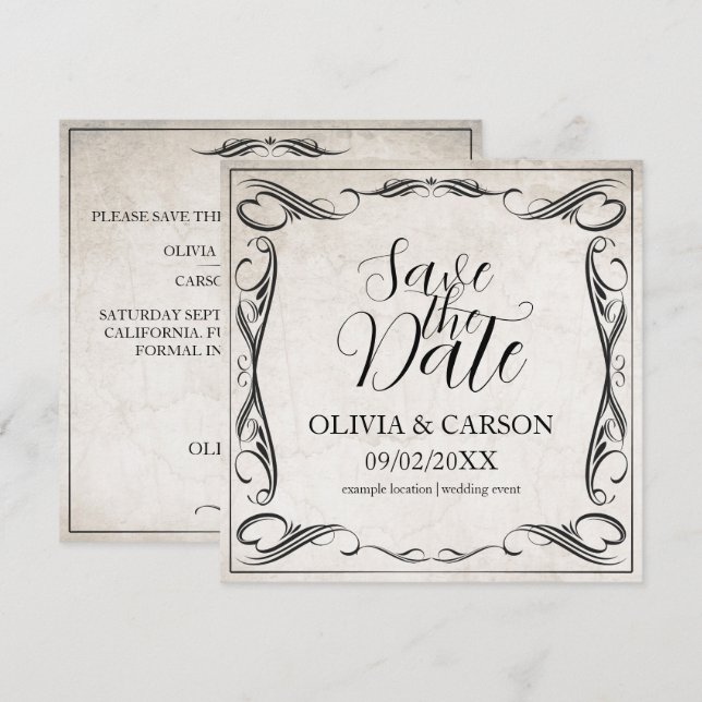 Mariage Art Déco Noir Vintage Enregistrez la Date (Devant / Derrière)