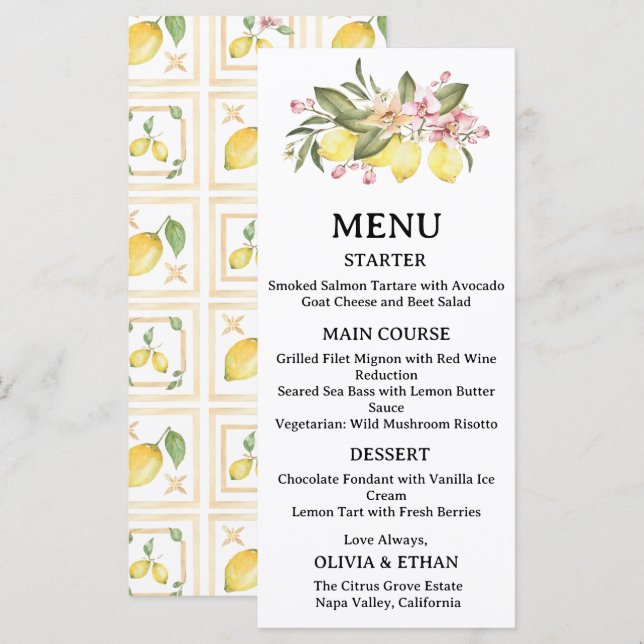 Mariage au Citron  Menu de Brunch Mariage aux Agru (Devant / Derrière)