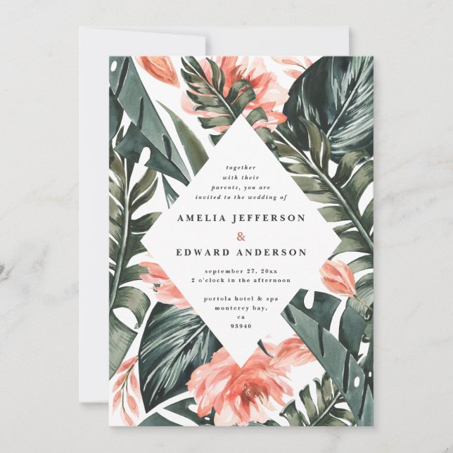 Mariage au feuillage de feuille tropicale et rose  (Devant)