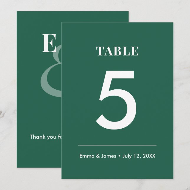 Mariage au Vert Émeraude & | Numéro de Table Moder (Devant / Derrière)