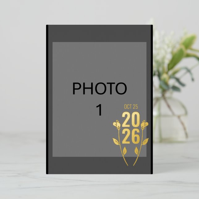 Mariage Black Gold Foil Photo Invitation Card (Debout devant)