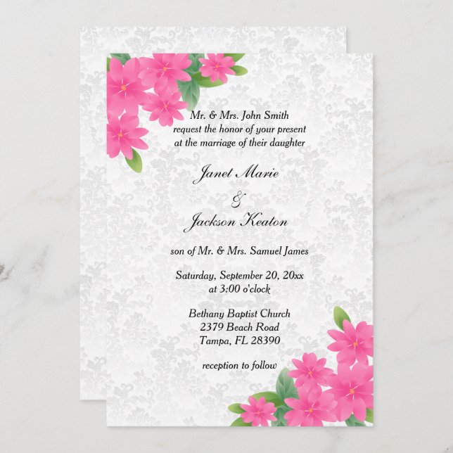 Mariage blanc et Invitation florale rose (Devant / Derrière)