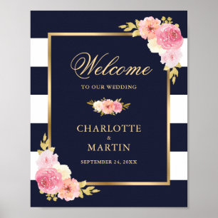 Mariage bleu bleu marine rose or Affiche de bienve
