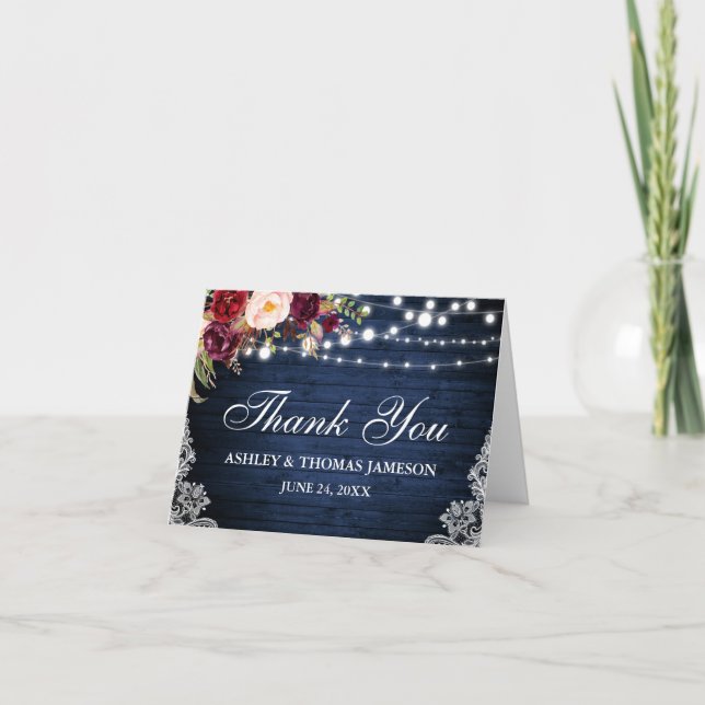 Mariage Bleu Bois Fleurs Lumineuses Dentelle Merci (Devant)