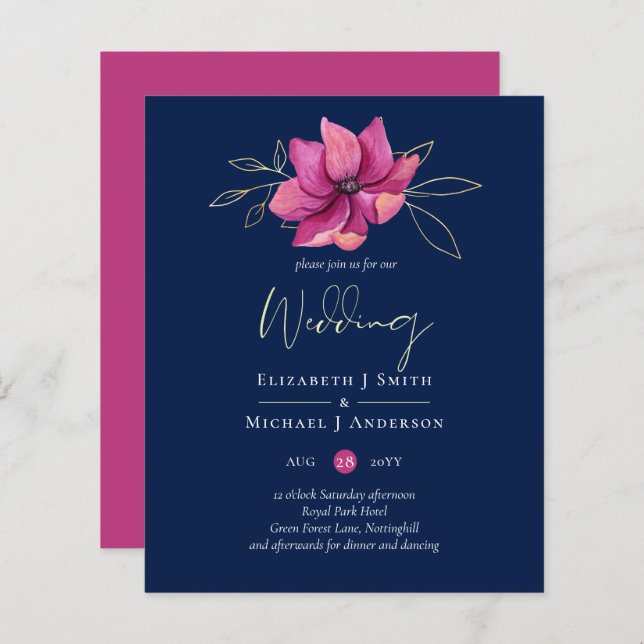 Mariage bleu de la Marine rose Fuchsia Invite BUDG (Devant / Derrière)