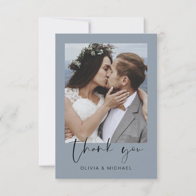 Mariage bleu-dusté minimaliste Photo Merci (Devant)