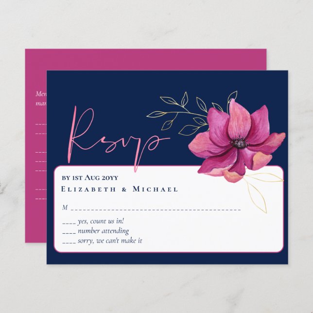 Mariage bleu Fuchsia Marine rose RSVP (Devant / Derrière)