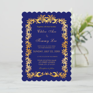 Mariage bleu Gold border Invitation