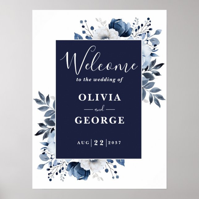 Mariage bleu marine Botanique Floral Affiche de bi (Devant)