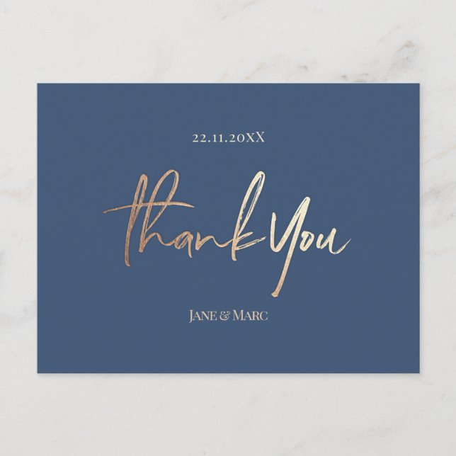Mariage bleu marine Merci Cartes Élégant Script (Devant)