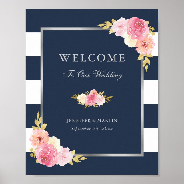 Mariage bleu marine Silver rose Floral Affiche de  (Devant)