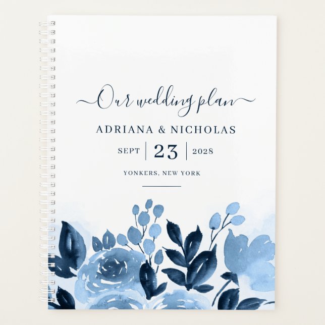 Mariage Bleu Nuit à l'Aquarelle Florale Script (Devant)