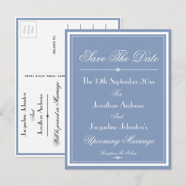 Mariage Bleu Poussiéreux Écriture Blanche Carte "S (Devant / Derrière)