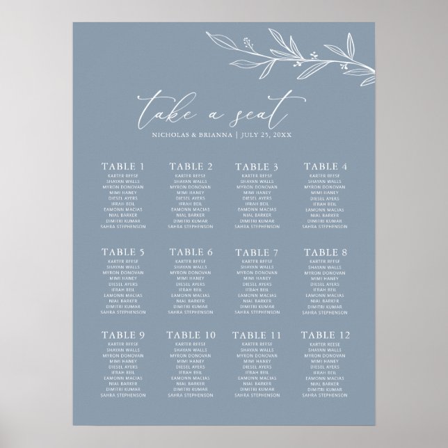 Mariage bleu poussiéreux minimal 12 Tableau de siè (Devant)