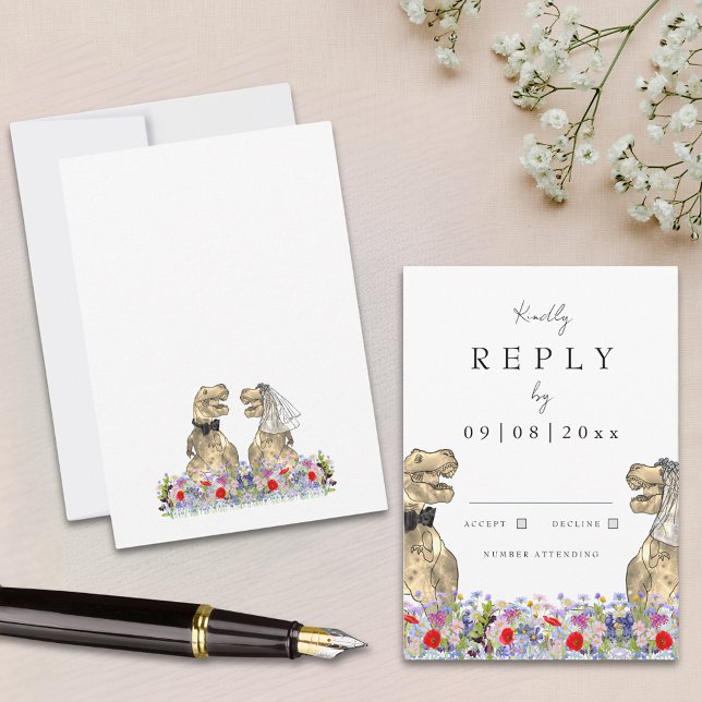 Mariage Bohème Dinosaure Fleur Sauvage Réponse (Dinosaur wedding invitation reply enclosure card with T-Rex bride and groom and colorful wildflowers)