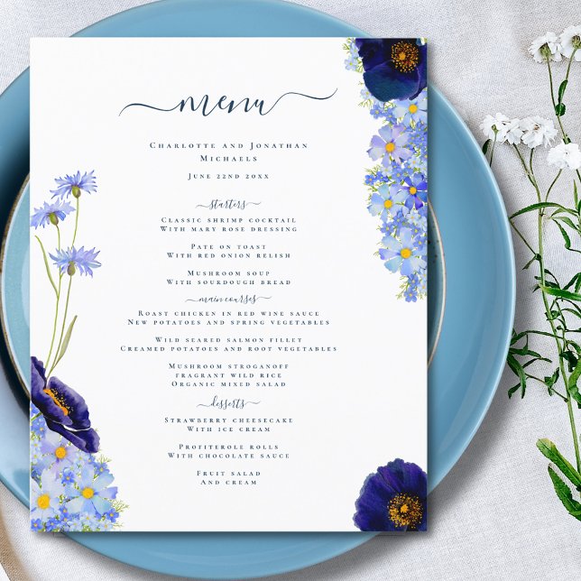 Mariage Bohème Fleur des Champs Bleu (Elegant wildflower summer floral blue wedding menu with modern typography script)