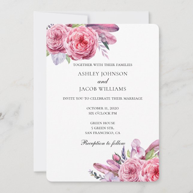 Mariage bohème. Invitation florale rose. Plumes (Devant)