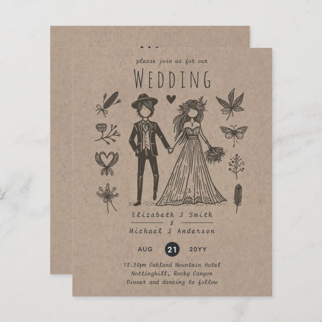 Mariage Boho Cartoon Mariée Groom dessinée à la ma (Devant / Derrière)