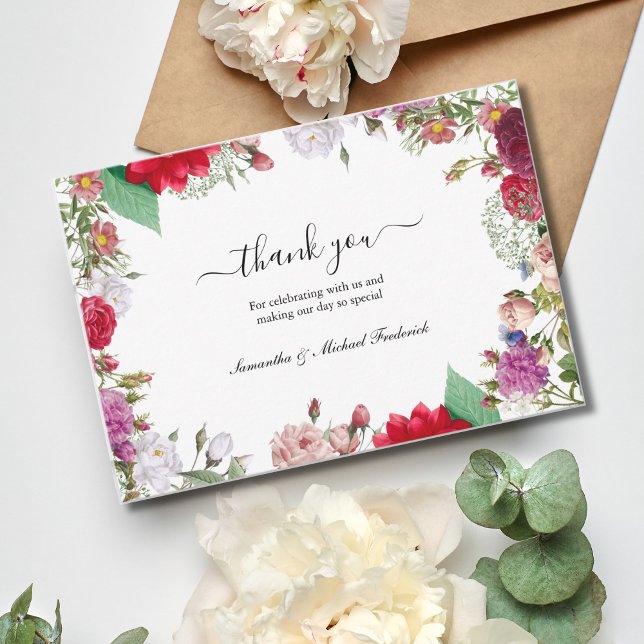 Mariage Boho fleur sauvage Cartes de remerciement (Wildflower wedding thank you card. Elegant script calligraphy)