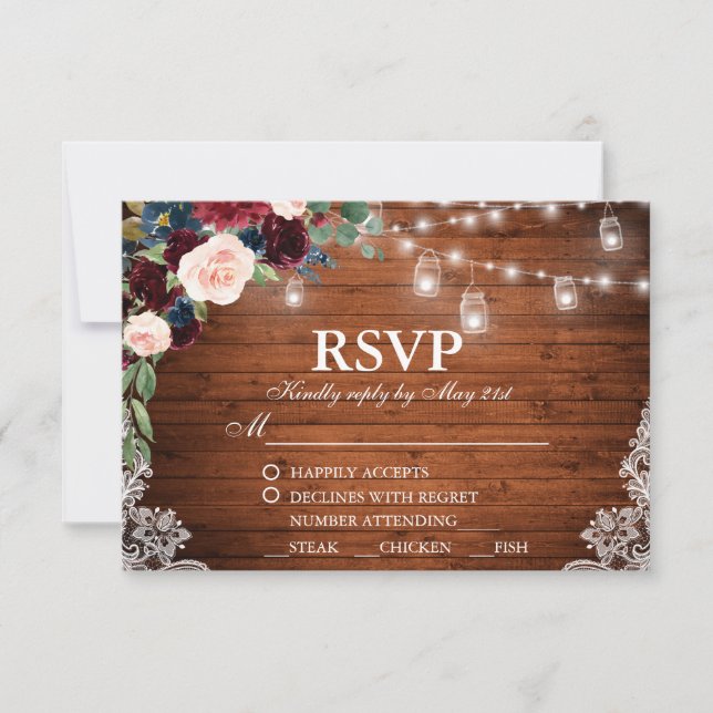 Mariage Bois rustique Bourgogne Bleu Floral RSVP R (Devant)