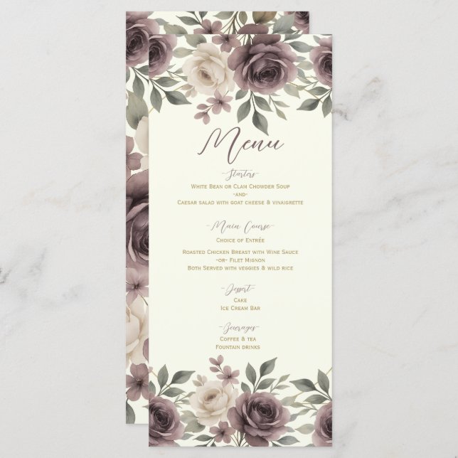 Mariage botanique Dusty Mauve & Ivory Bloom Menu (Devant / Derrière)