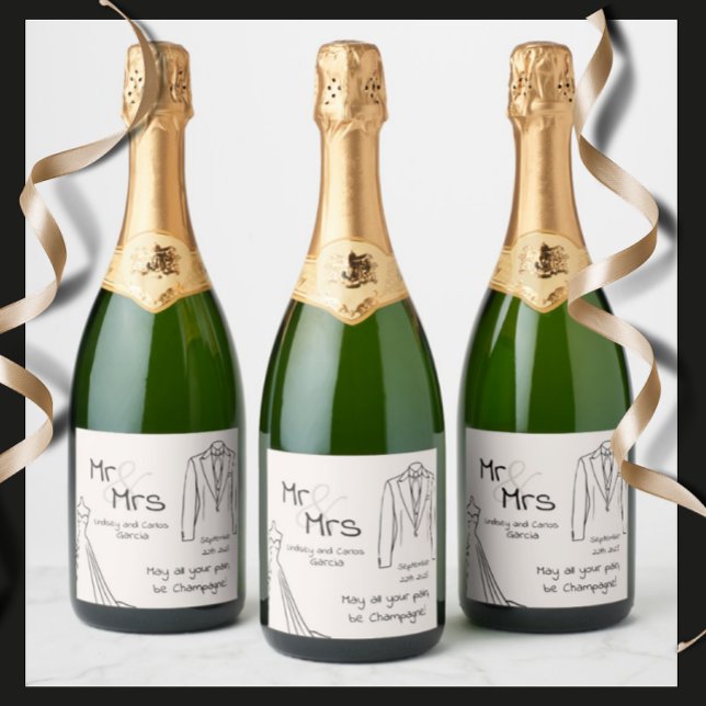 mariage bouteille de champagne étiquette M. et Mme (Custom label for wedding, simple elegant design of a siluette dress and suit)