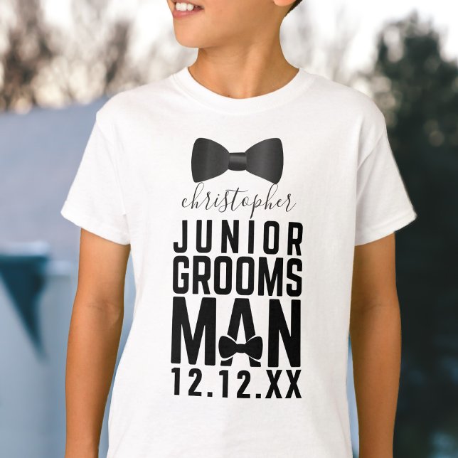 Mariage Bow Cravate Junior Groomsman T-Shirt (Add your little guy's name and your wedding date to this cute Junior Groomsman t-shirt)