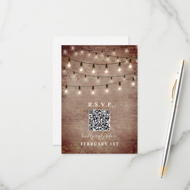 Mariage Brique Lumières Vintage QR RSVP (Devant/Arrière en situation)