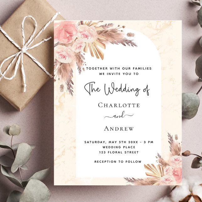Mariage budget boho pampas rose invitation broussa (Créateur téléchargé)