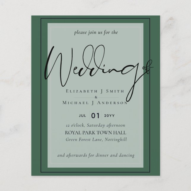 MARIAGE BUDGET Couleurs Vert Sage Olive Invitation (Devant)