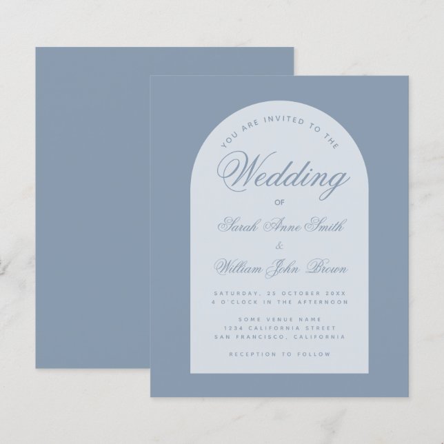 Mariage Budget Dusty Blue Arch Script Invitation (Devant / Derrière)
