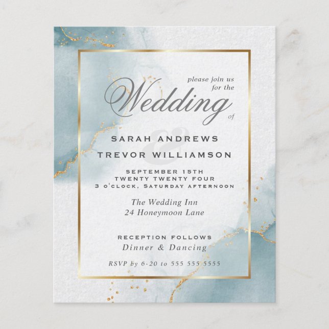 Mariage Budget Gold Dusty Blue Invitation (Devant)