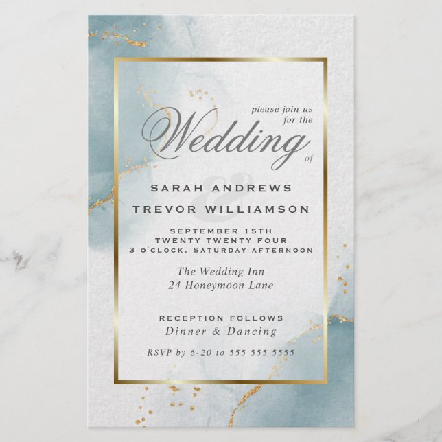 Mariage Budget Gold Dusty Blue Invitation (Devant)