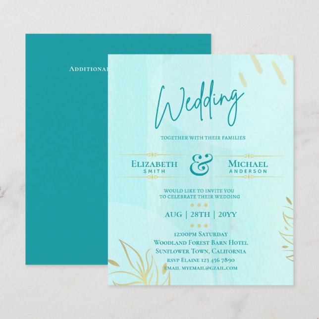 Mariage BUDGET Inviter Gold Turquoise Abstrait (Devant / Derrière)