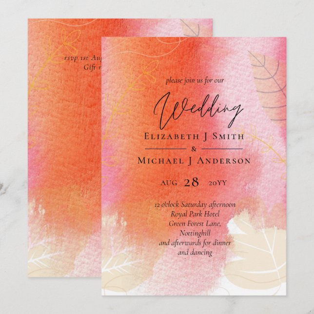 Mariage budget LeahG Feuilles d'aquarelle rouge or (Devant / Derrière)