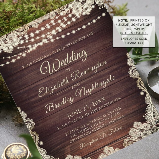 Mariage Budget Rustic Wood Lights Lace Invitation (Créateur téléchargé)