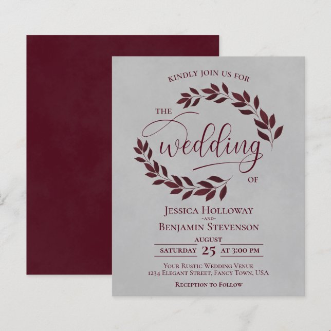 Mariage BUDGET Rustique Feuille Bourgogne Grey (Devant / Derrière)