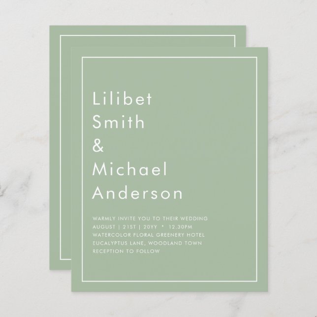 MARIAGE BUDGET Sage Apple Green Monochrome Texte (Devant / Derrière)