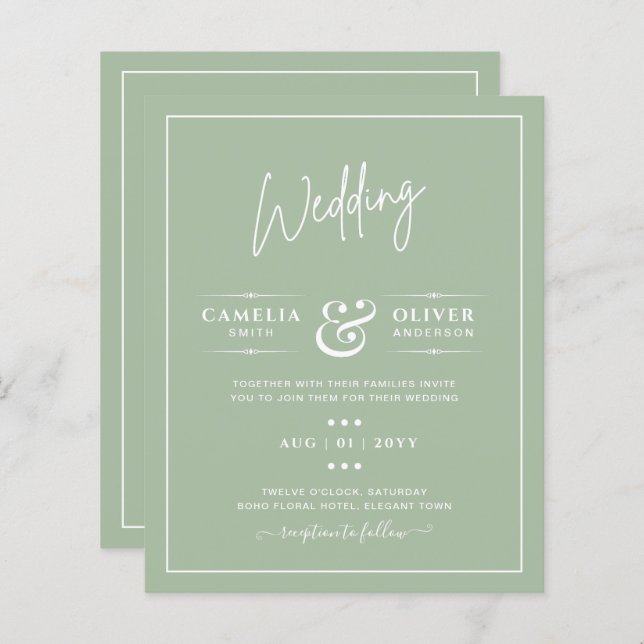MARIAGE BUDGET Sage Apple Green Monochrome Texte (Devant / Derrière)