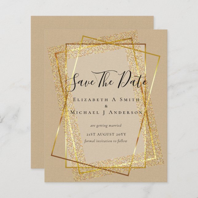 MARIAGE BUDGET SAVE DATES Gold Parties scintillant (Devant / Derrière)