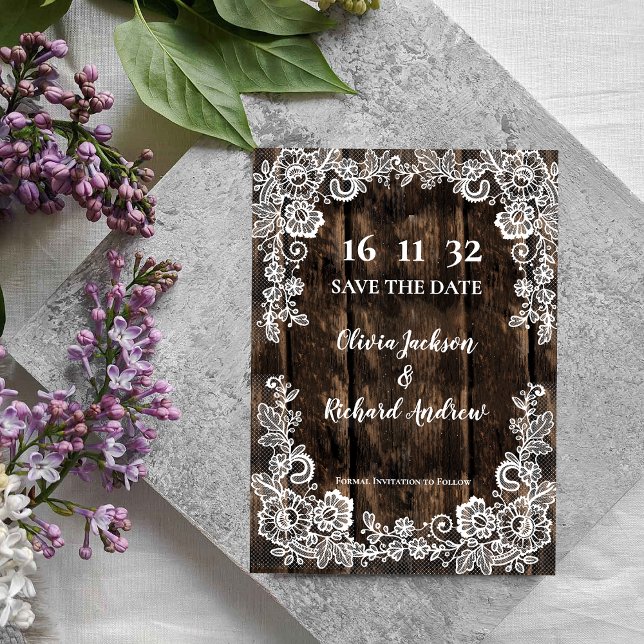 Mariage campagnard de dentelle en bois rustique En (Rustic Wood Lace Country Wedding Save the Date)