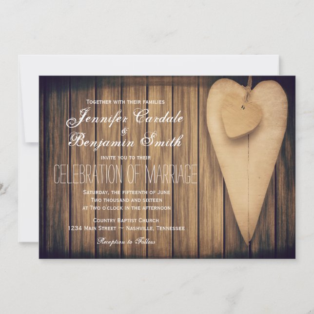 Mariage campagnard Rustic Wood Hearts Invitations (Devant)