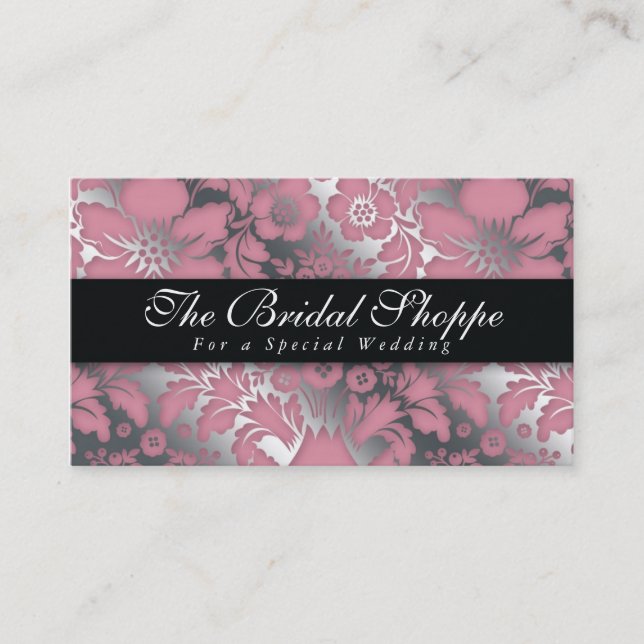 Mariage Carte de visite Damask Floral Argent rose (Devant)