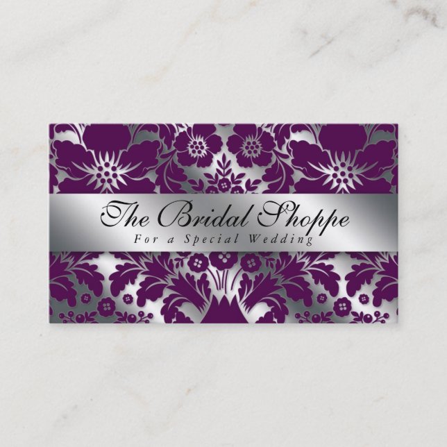 Mariage Carte de visite Damask Floral Purple Argen (Devant)