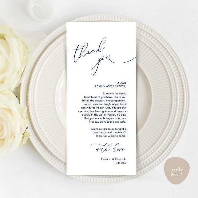 Mariage Celebration Place Setting Carte de remerci (Wedding Dinner Celebration Place Setting Thank You Modern Romantic Card in Navy Blue)