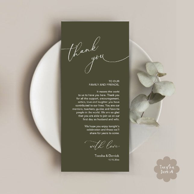 Mariage Celebration Place Setting Carte de remerci (Wedding Dinner Celebration Place Setting Thank You Modern Romantic Card in Olive Green)