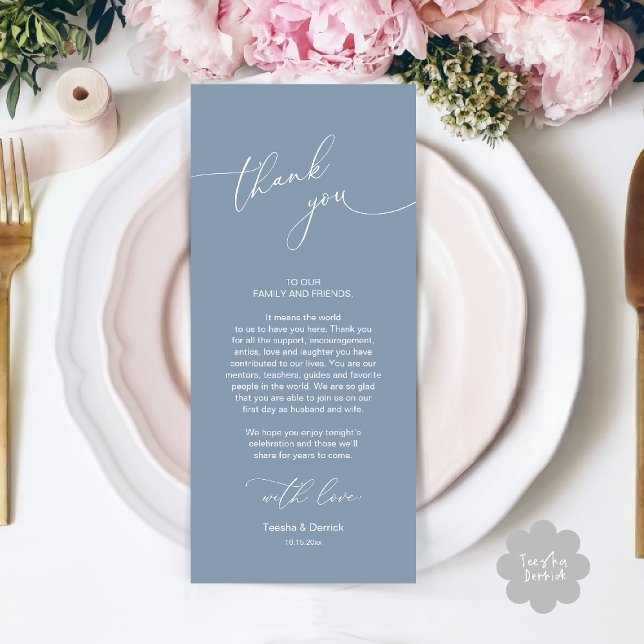 Mariage Celebration Place Setting Carte de remerci (Wedding Dinner Celebration Place Setting Thank You Modern Romantic Card in Dusty Blue)