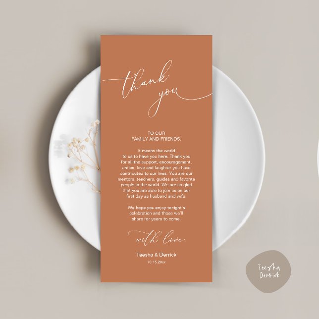 Mariage Celebration Place Setting Carte de remerci (Wedding Dinner Celebration Place Setting Thank You Modern Romantic Card in Copper Brown Terracotta)