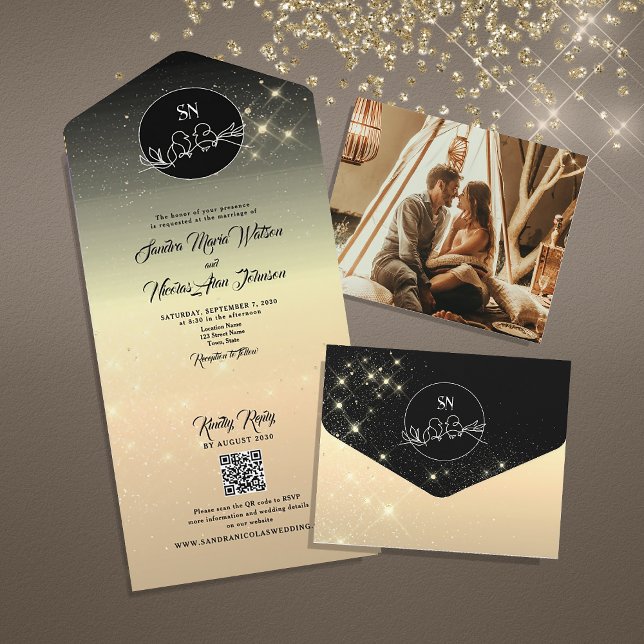 Mariage céleste d'or noir tout en une invitation (Créateur téléchargé)